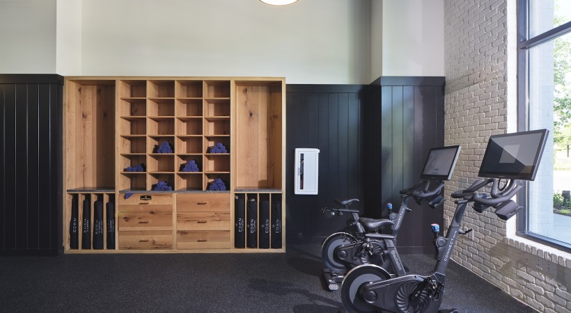 Fitness center with bikes and cubbies Fitness center with bikes and cubbies