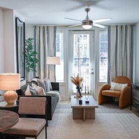 A living room with a large window